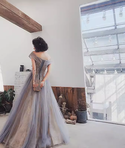 Robe de soirée longue grise sans manches à épaules dénudées P2027