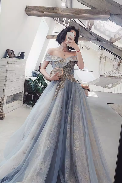 Robe de soirée longue grise sans manches à épaules dénudées P2027