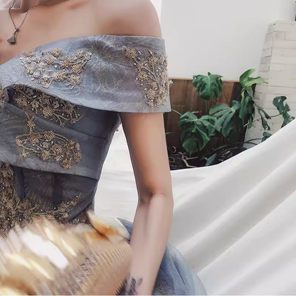 Robe de soirée longue grise sans manches à épaules dénudées P2027