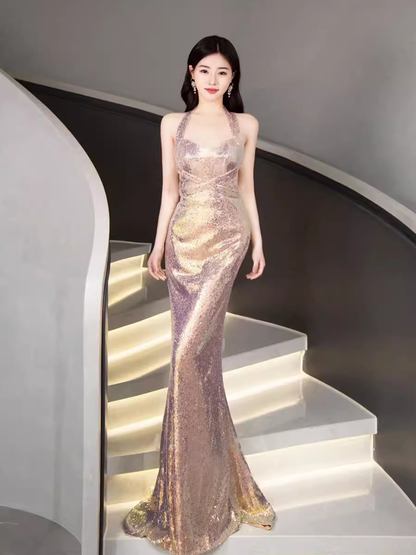 Meerjungfrauen-Neckholder-Pailletten-Rückenfreies Ballkleid Abendkleid P2062