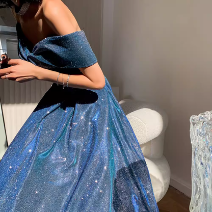 Einfaches A-Linien Off-Shoulder Ballkleid Blau Abendkleid P2147