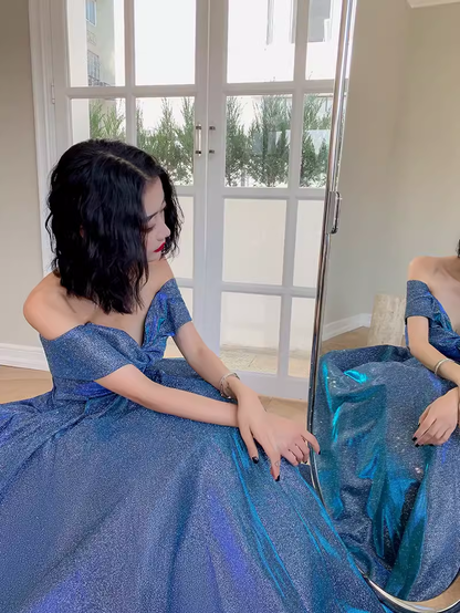 Einfaches A-Linien Off-Shoulder Ballkleid Blau Abendkleid P2147