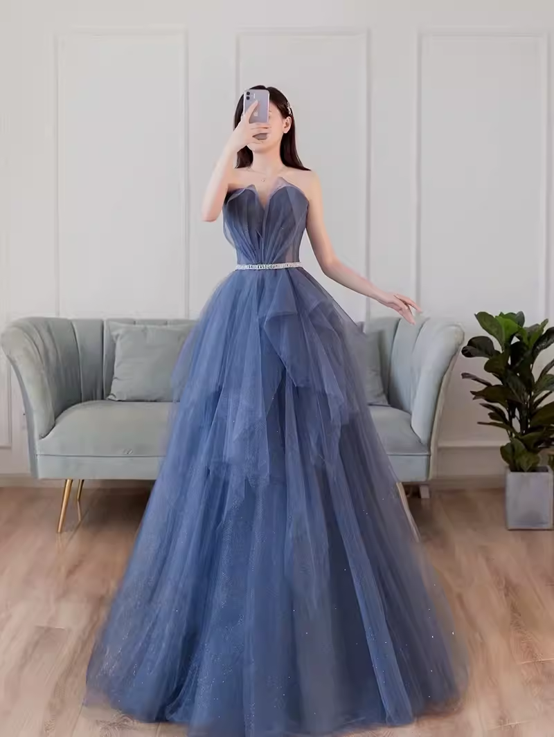 Simple Ball Gown Strapless Tulle Prom Dresses Evening Dress P2148