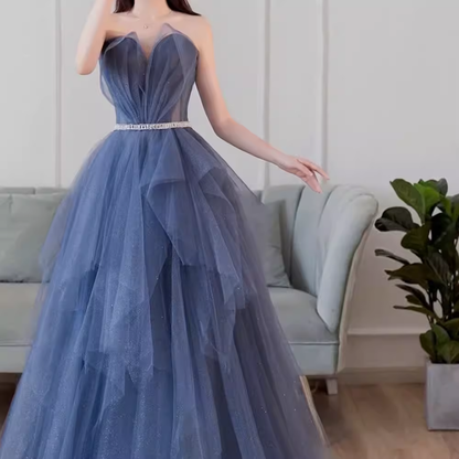 Schlichtes Ballkleid Trägerlos Tüll Abschlussballkleider Abendkleid P2148