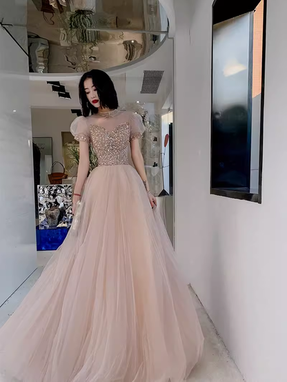 Simple A Line Champagne Tulle Prom Dresses Evening Dress P2149