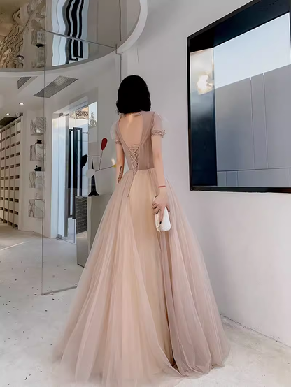 Simple A Line Champagne Tulle Prom Dresses Evening Dress P2149
