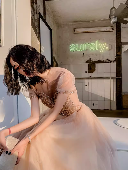 Simple A Line Champagne Tulle Prom Dresses Evening Dress P2149