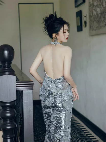 Sexy Meerjungfrau Silber Pailletten Ballkleider Abendkleid P2155