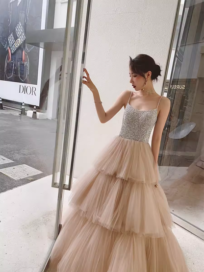 Simple Ball Gown Champagne Tulle Prom Dresses Evening Dress P2151