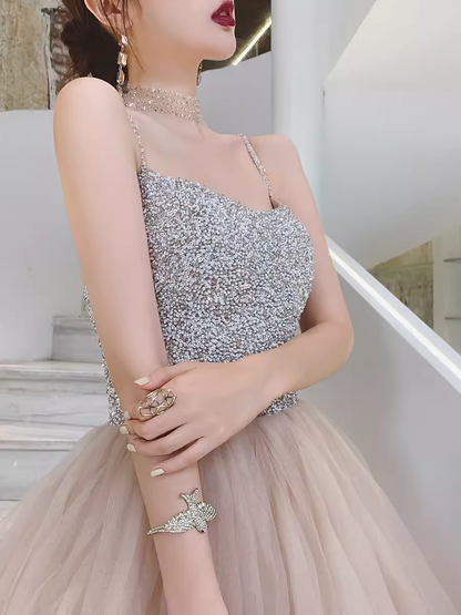 Simple Ball Gown Champagne Tulle Prom Dresses Evening Dress P2151