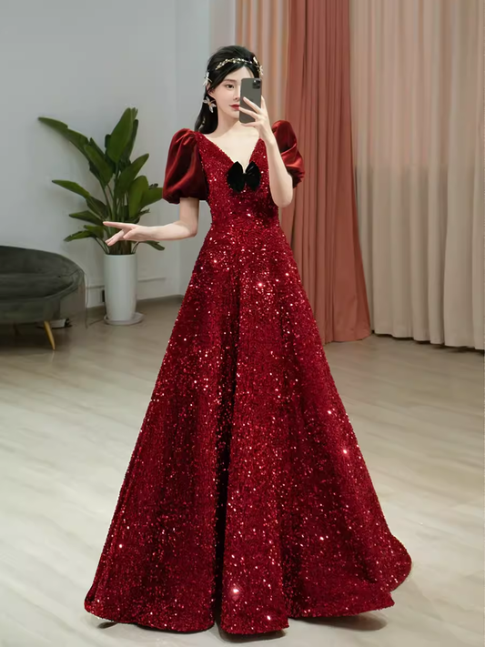 Sexy A line Burgundy Sequin Prom Dresses Evening Dress P2156