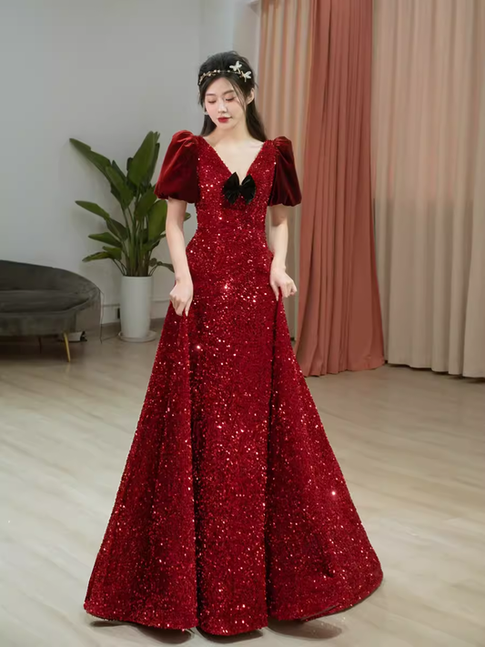 Sexy A line Burgundy Sequin Prom Dresses Evening Dress P2156
