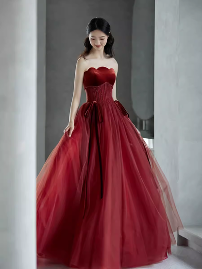 Robes de bal sans bretelles trapèze bordeaux Robes de soirée P2157