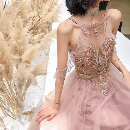 Einfaches rosa Tüll-Abendkleid in A-Linie, Ballkleid P2152