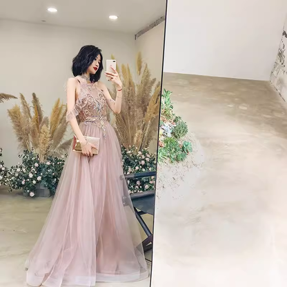 Einfaches rosa Tüll-Abendkleid in A-Linie, Ballkleid P2152