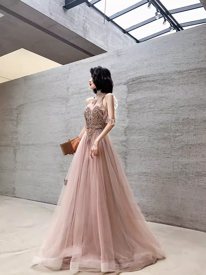 Einfaches rosa Tüll-Abendkleid in A-Linie, Ballkleid P2152