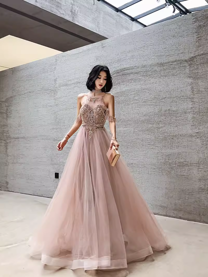 Einfaches rosa Tüll-Abendkleid in A-Linie, Ballkleid P2152