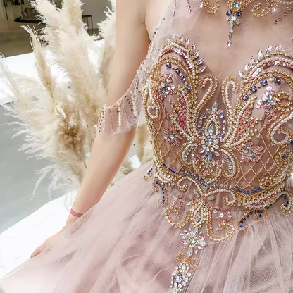 Einfaches rosa Tüll-Abendkleid in A-Linie, Ballkleid P2152
