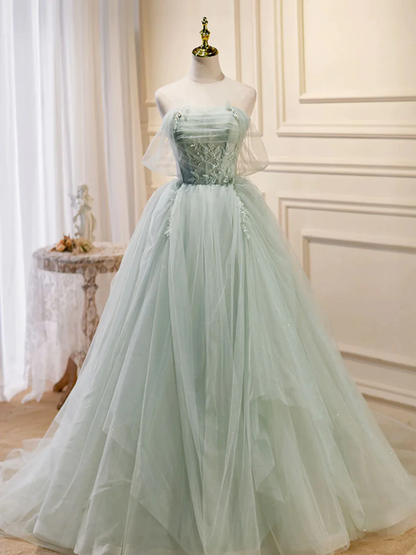 Schulterfreies grünes Tüll-Abendkleid P2199