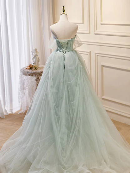 Schulterfreies grünes Tüll-Abendkleid P2199