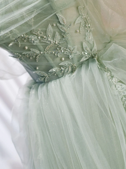 Schulterfreies grünes Tüll-Abendkleid P2199