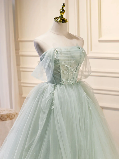 Schulterfreies grünes Tüll-Abendkleid P2199