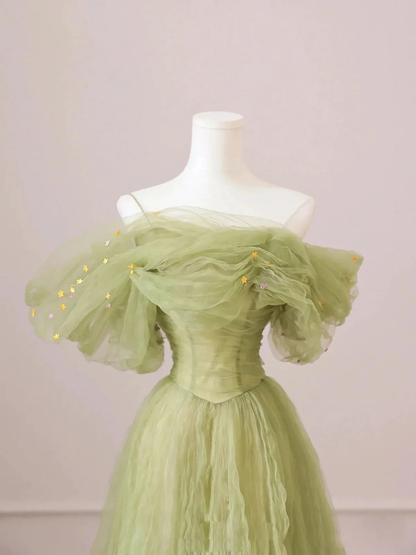 Robe longue de bal en tulle vert à épaules dénudées P2200