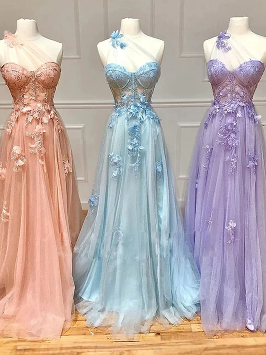 One Shoulder Pink/Blue/Purple Lace Floral Long Prom Dresses P2203