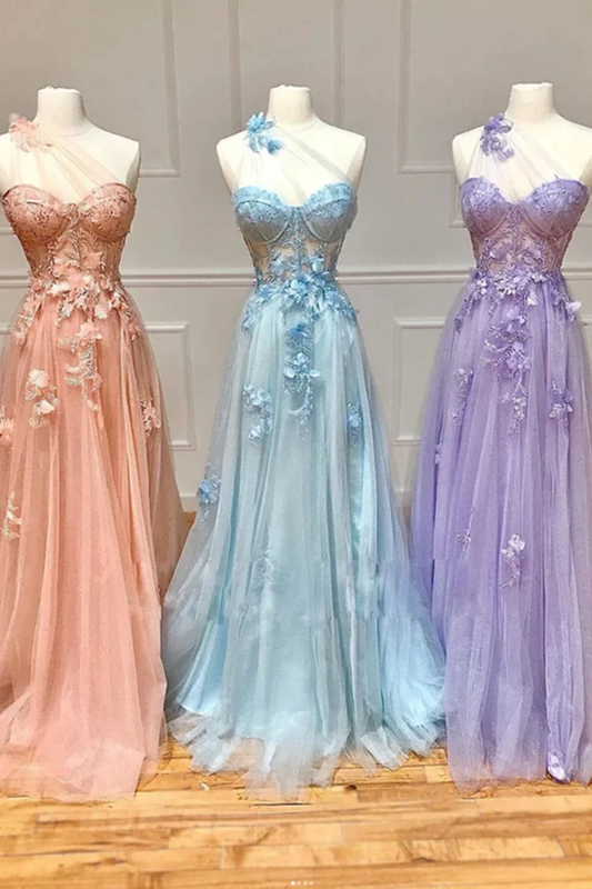 One Shoulder Pink/Blue/Purple Lace Floral Long Prom Dresses P2203