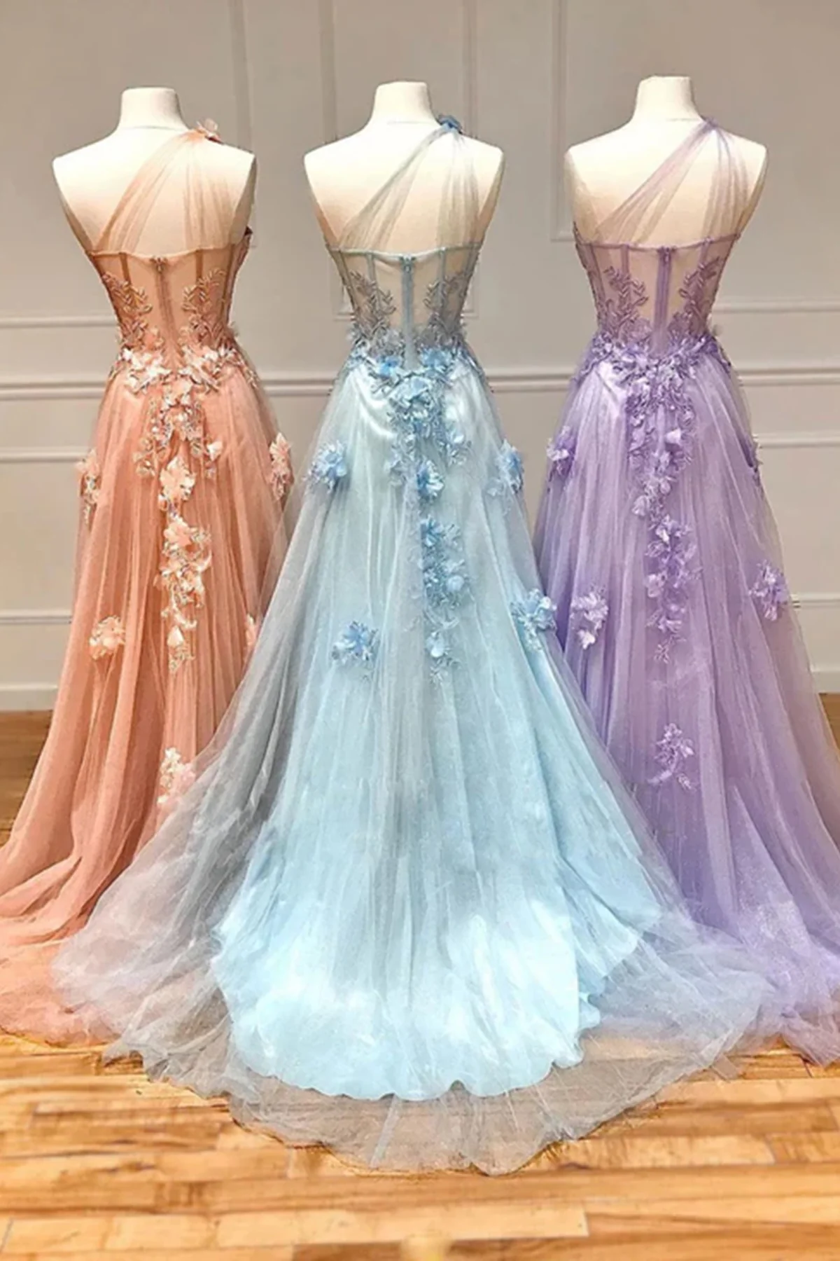 One Shoulder Pink/Blue/Purple Lace Floral Long Prom Dresses P2203