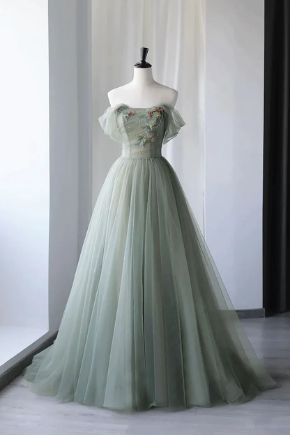 Jolie longue robe de bal en tulle gris-vert P2208