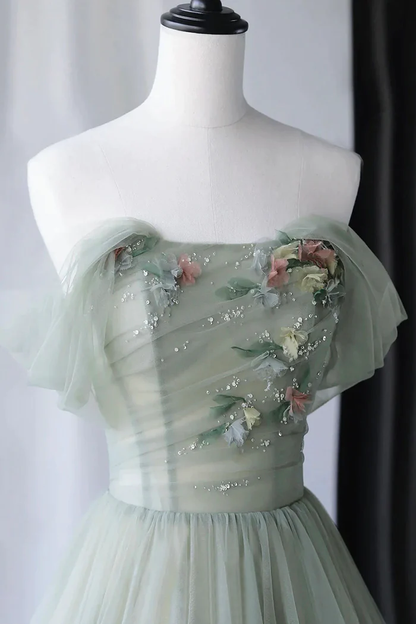 Jolie longue robe de bal en tulle gris-vert P2208