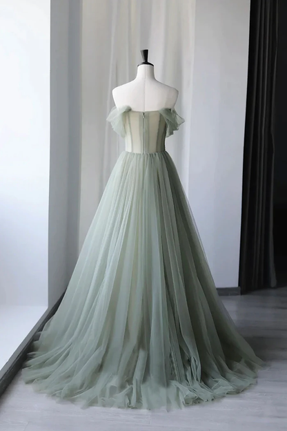 Jolie longue robe de bal en tulle gris-vert P2208