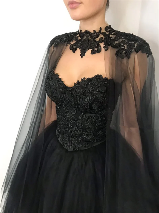 Vintage A line Beaded Strapless Tulle Long Prom Dress Black Formal Dress P1306