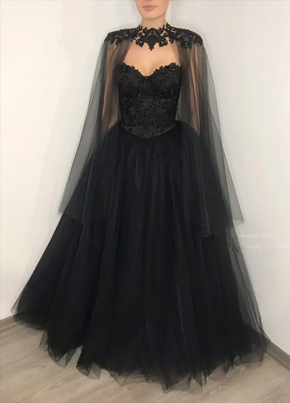 Robe de bal longue en tulle bustier perlé vintage ligne A robe de soirée noire P1306