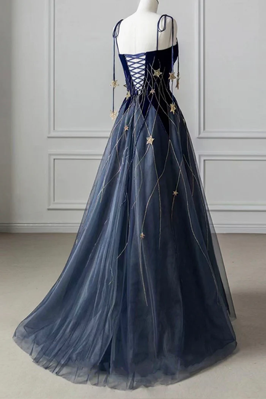Elegant Navy Blue Spaghetti Strap Long Prom Dress with Star P2228