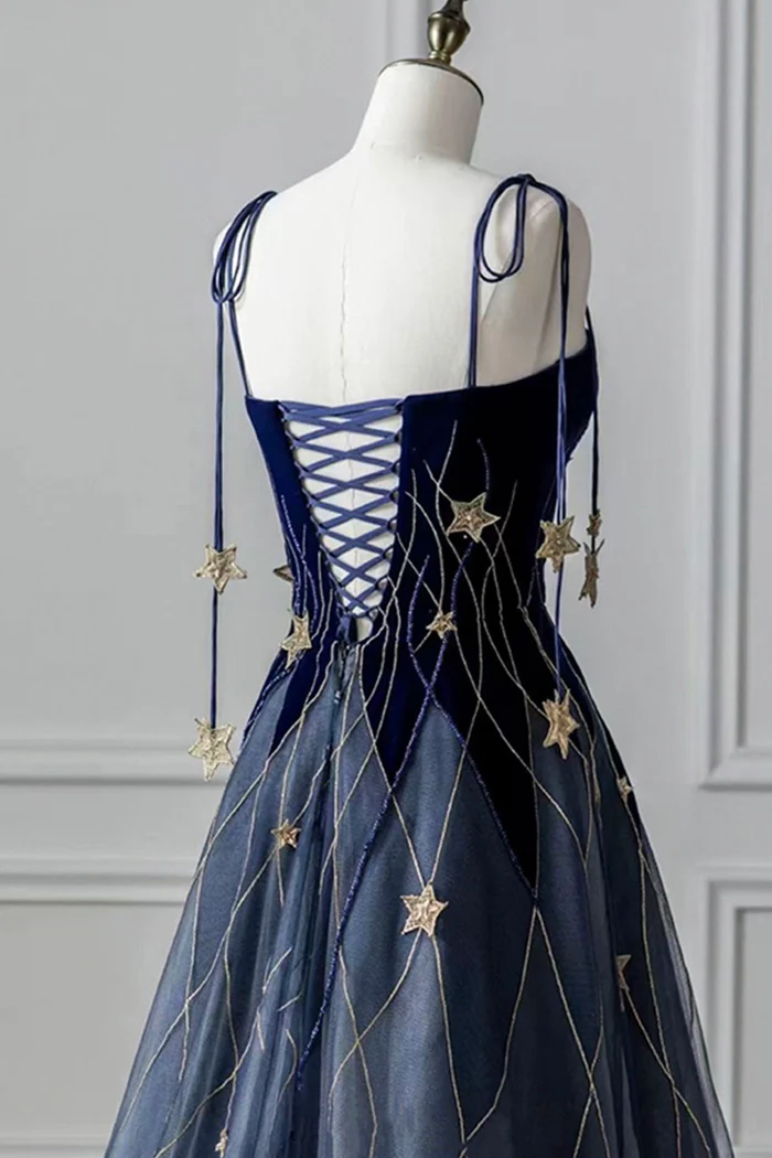 Elegant Navy Blue Spaghetti Strap Long Prom Dress with Star P2228 – PreppyDress