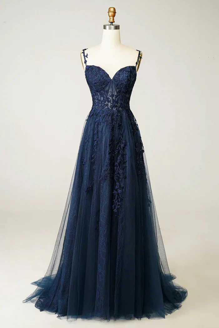 Beautiful A line Spaghetti Straps Navy Blue Lace Prom Dresses Formal Dress P2229