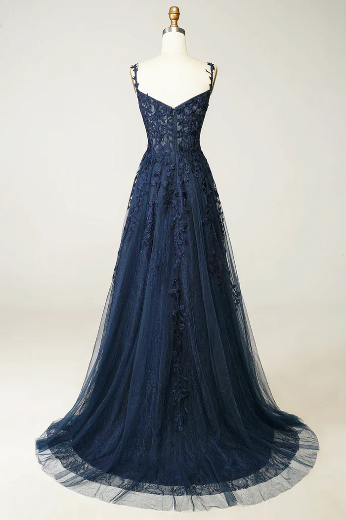 Beautiful A line Spaghetti Straps Navy Blue Lace Prom Dresses Formal D PreppyDress
