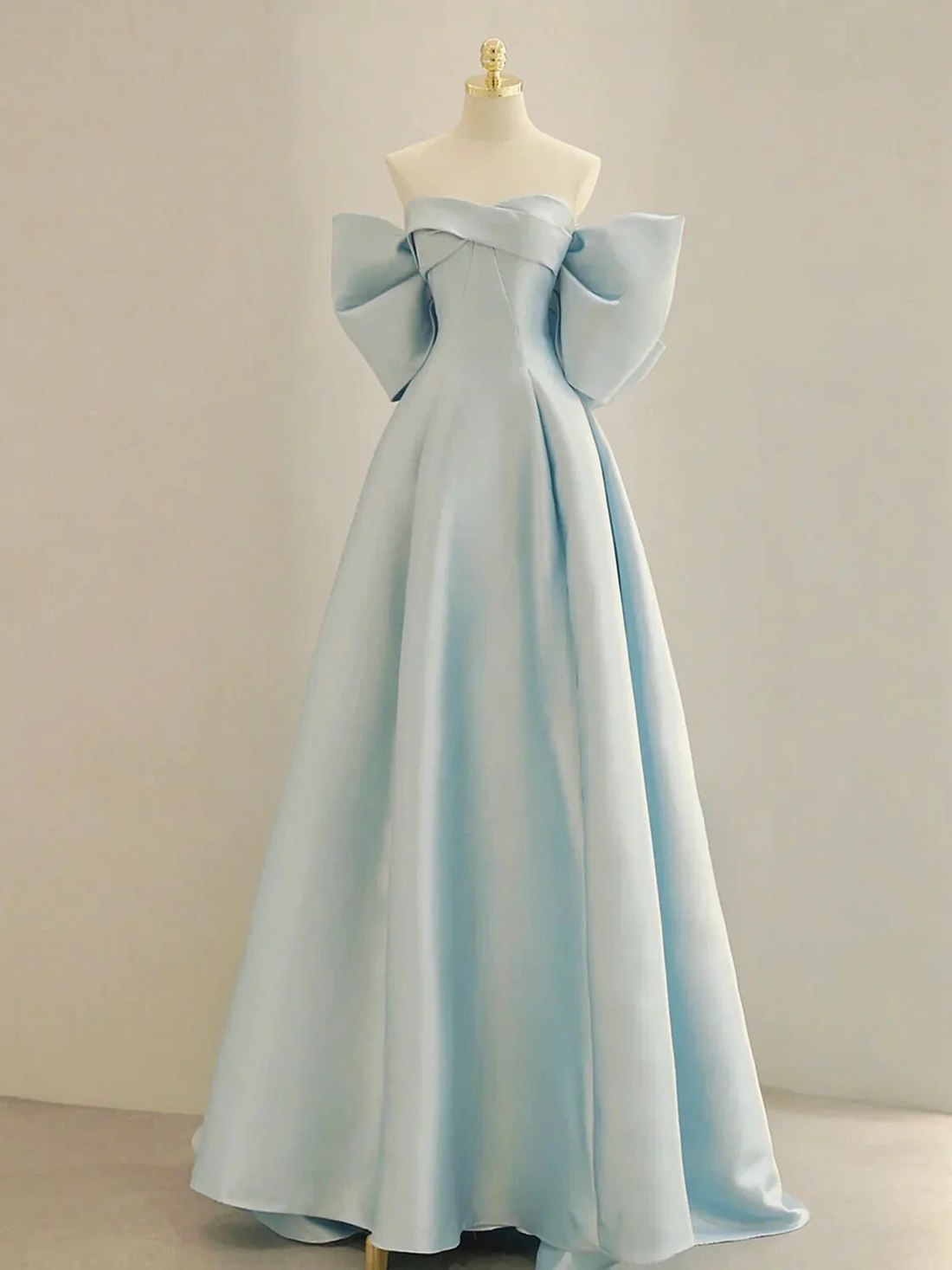 Blue Satin Beaded Off Shoulder A-line Prom Dress, Blue Long Party Dress Evening Dress main image 1
