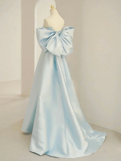 Schlichtes A-Linien-Off-Shoulder Ballkleid aus blauem Satin P2235