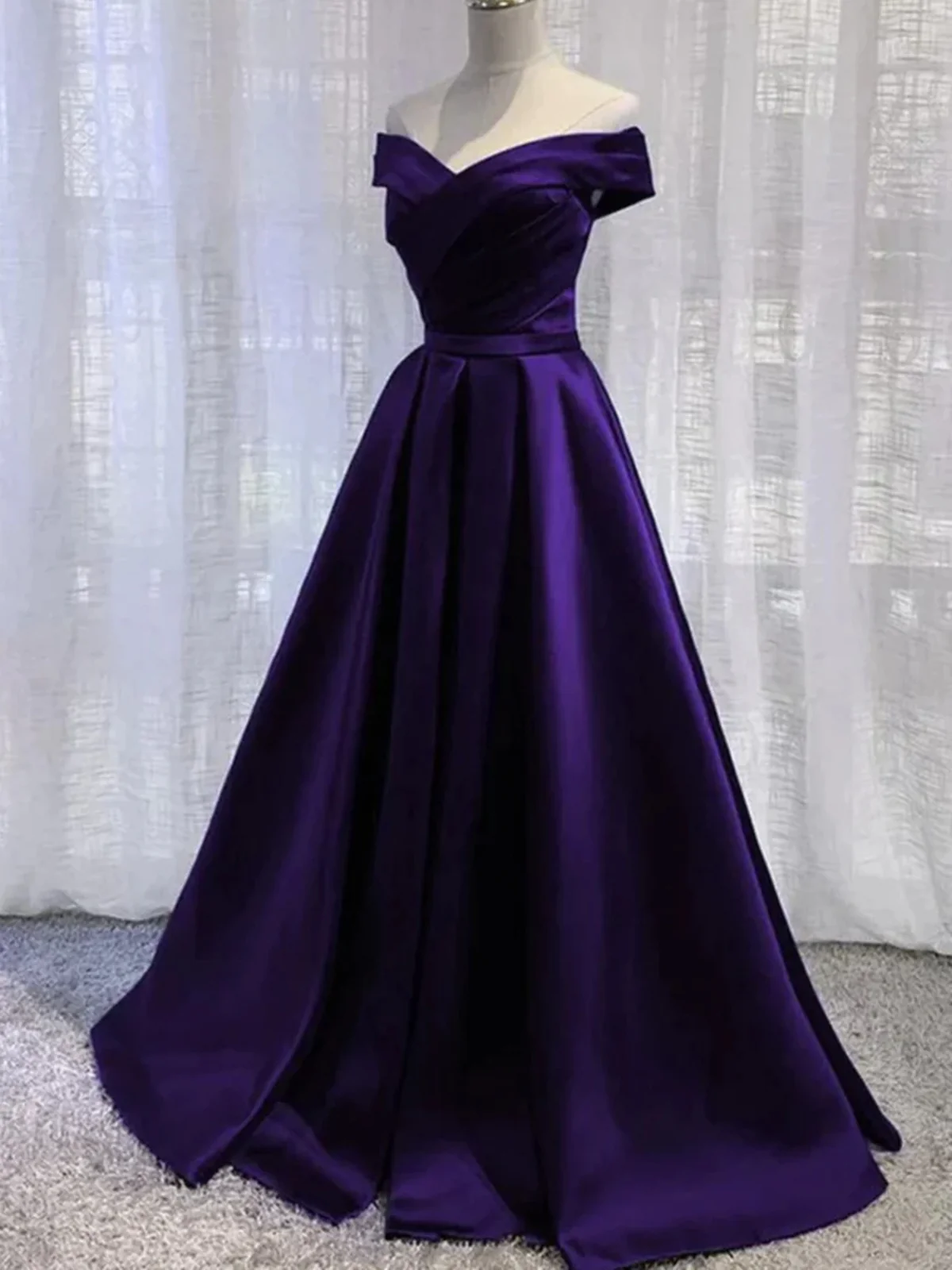 Simple A line Off the Shoulder Purple Satin Long Prom Dresses P2236