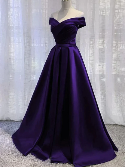 Einfaches A-Linien Off-Shoulder Lila Satin Langes Ballkleid P2236
