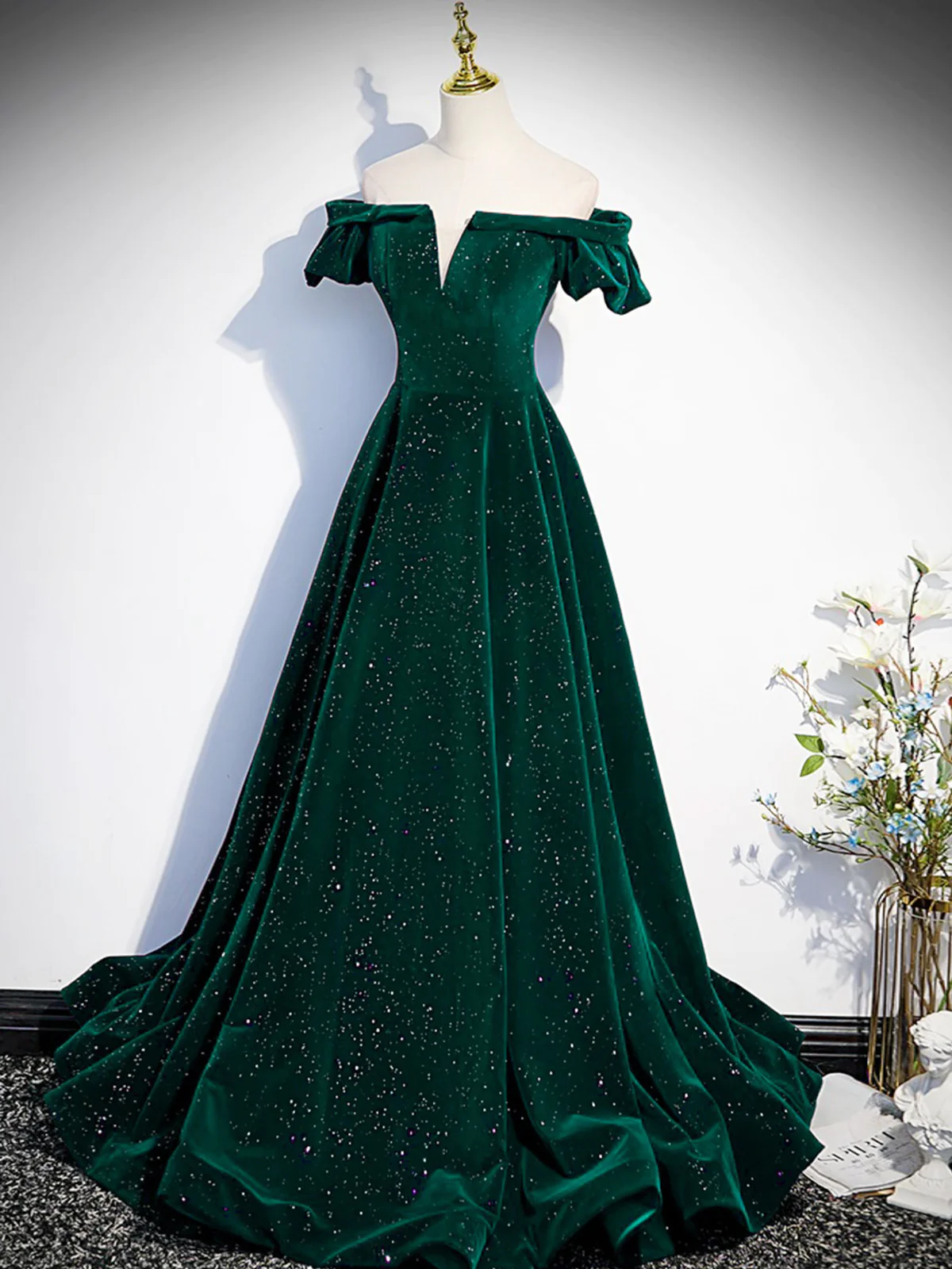Simple A line Off the Shoulder Shiny Green Black Long Prom Dresses P22 – PreppyDress