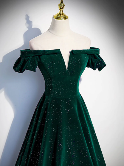 Simple A line Off the Shoulder Shiny Green Black Long Prom Dresses P2237