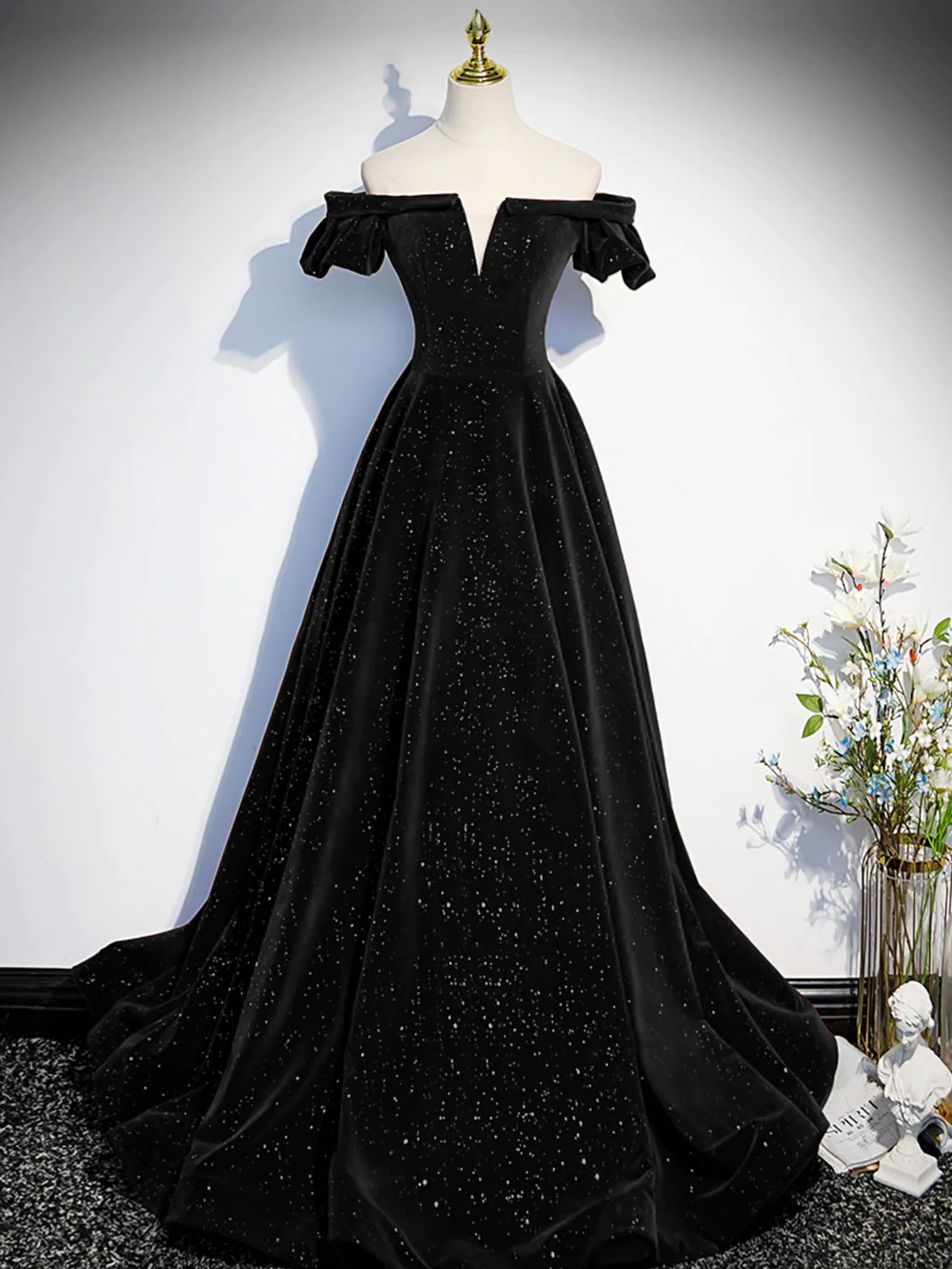 Simple A line Off the Shoulder Shiny Green Black Long Prom Dresses P22 – PreppyDress