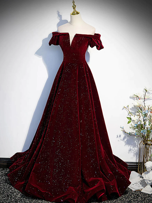 Shiny Off the Shoulder Burgundy Long Prom Dresses P2239