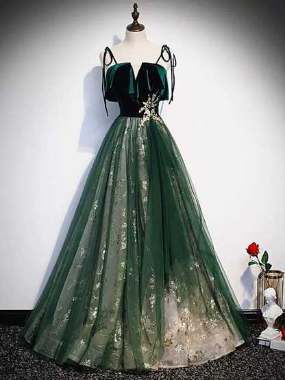 Robes de bal longues en velours à bretelles vertes P538