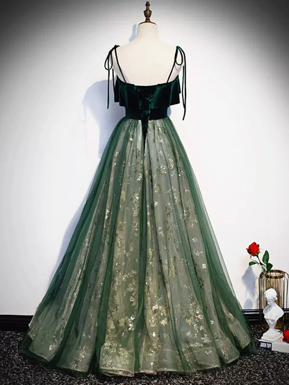 Robes de bal longues en velours à bretelles vertes P538