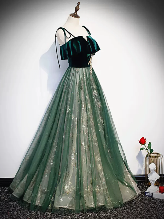 Green Straps Velvet Long Lace Prom Dresses P538